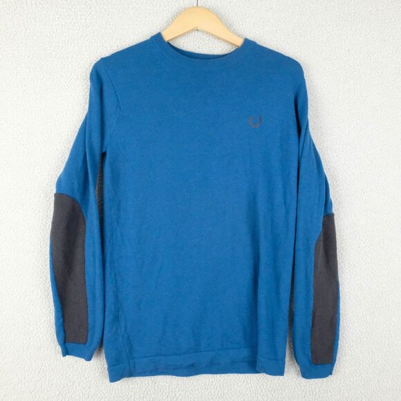 Fred Perry Sweater Mens Small Blue Wool Crew Knit Stretch Preppy Logo - Picture 1 of 9